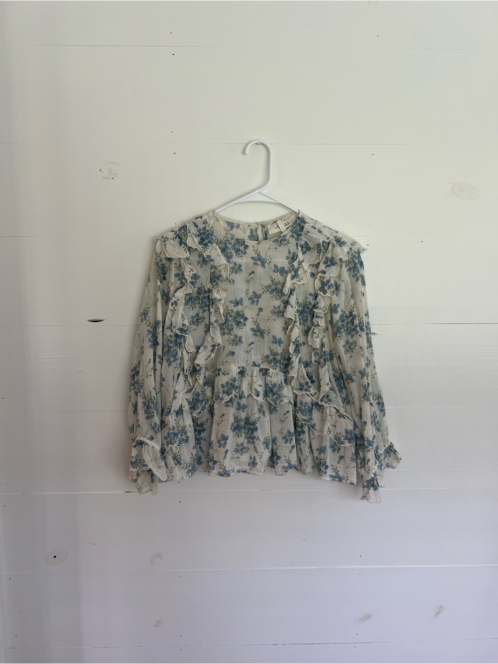 THE GREAT. Floral Ruffle Peplum Blouse - Cream & Blue